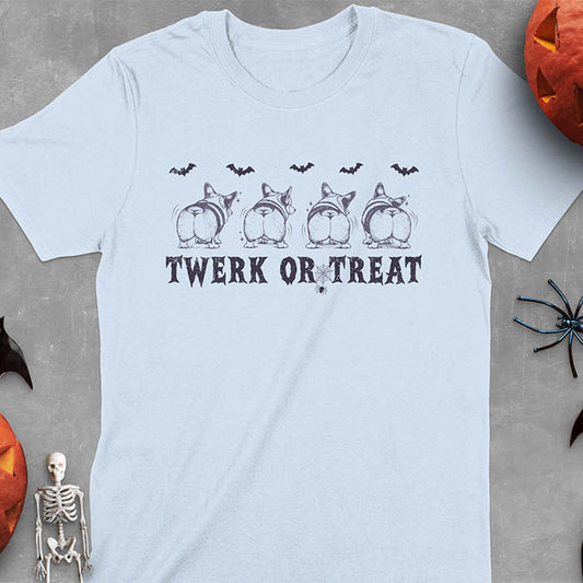 Light blue t-shirt with Funny Halloween Corgi Twerk or Treat T-Shirt - Four Corgis showing their butts in Halloween theme