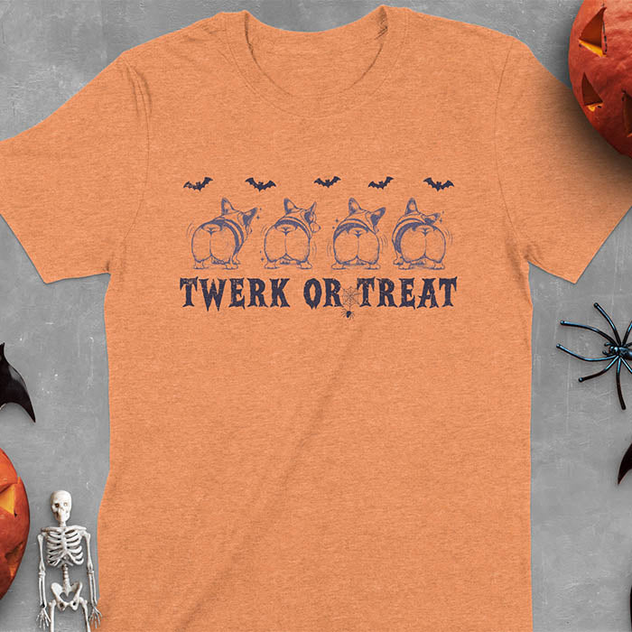 Heather Orange t-shirt with Funny Halloween Corgi Twerk or Treat T-Shirt - Four Corgis showing their butts in Halloween theme