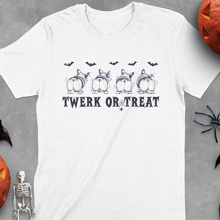 White t-shirt with Funny Halloween Corgi Twerk or Treat T-Shirt - Four Corgis showing their butts in Halloween theme