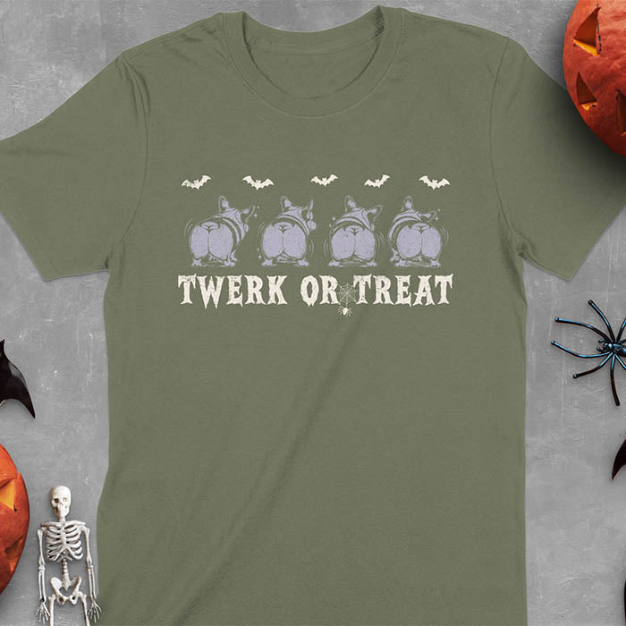 Military Green t-shirt with Funny Halloween Corgi Twerk or Treat T-Shirt - Four Corgis showing their butts in Halloween theme