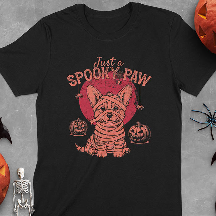 Black t-shirt with Halloween mummy corgi featuring "Just a Spooky Paw" text and wrapped corgi graphics