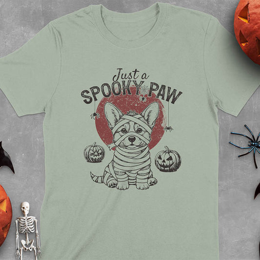 Sage green Black t-shirt with Halloween mummy corgi featuring "Just a Spooky Paw" text and wrapped corgi graphics