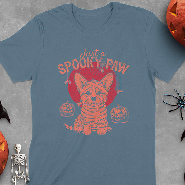 Indigo Blue t-shirt with Halloween mummy corgi featuring "Just a Spooky Paw" text and wrapped corgi graphics