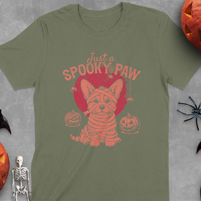 Military Green t-shirt with Halloween mummy corgi featuring "Just a Spooky Paw" text and wrapped corgi graphics