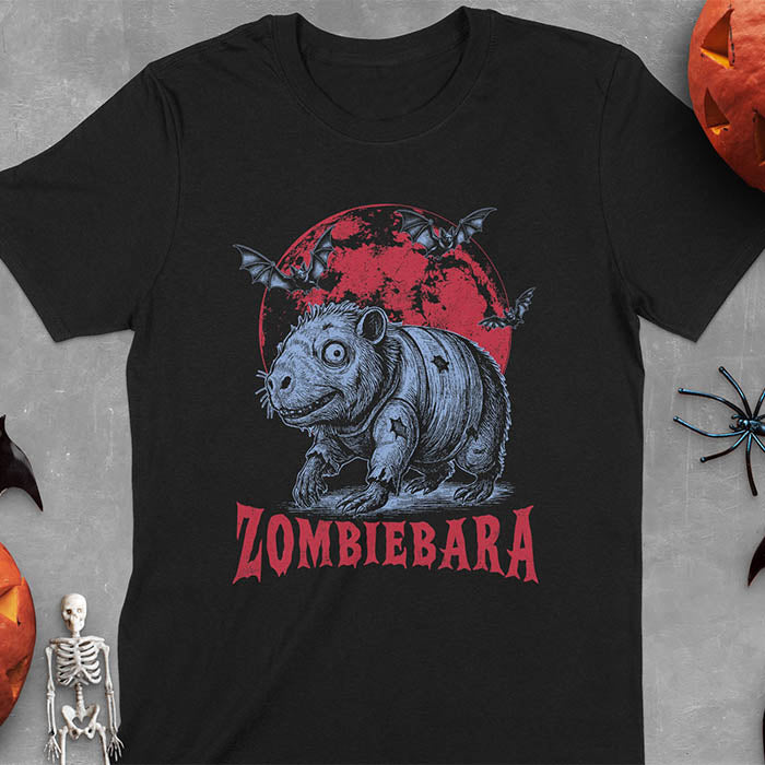 Black t-shirt Halloween zombie capybara featuring ZOMBIEBARA design with blood moon and bats