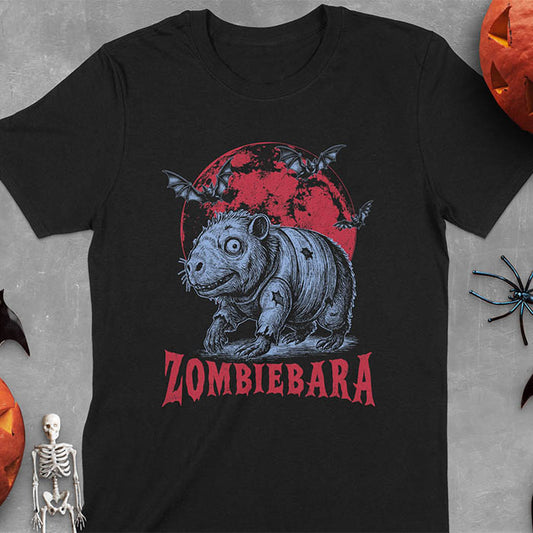 Black t-shirt Halloween zombie capybara featuring ZOMBIEBARA design with blood moon and bats