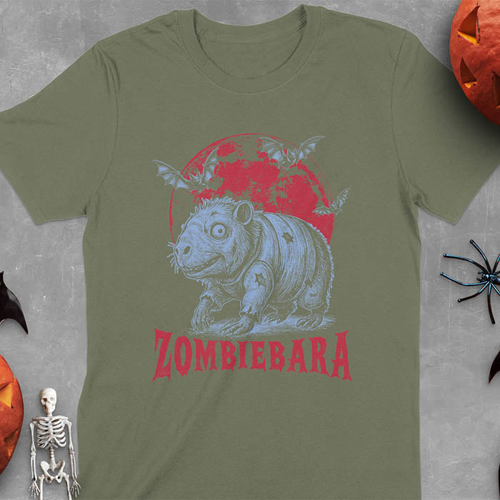 Military Green t-shirt Halloween zombie capybara featuring ZOMBIEBARA design with blood moon and bats