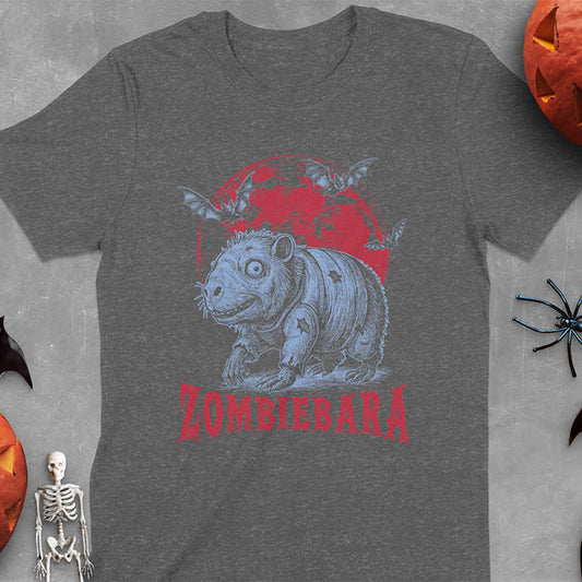 Dark heather t-shirt Halloween zombie capybara featuring ZOMBIEBARA design with blood moon and bats