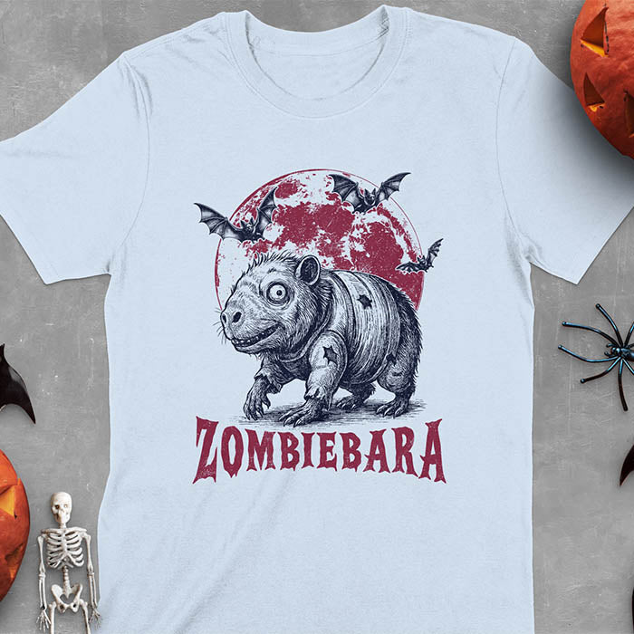 Light blue t-shirt Halloween zombie capybara featuring ZOMBIEBARA design with blood moon and bats