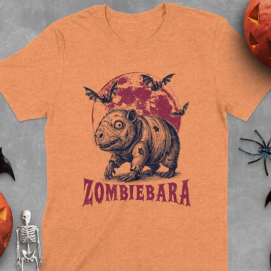 Heather Orange t-shirt Halloween zombie capybara featuring ZOMBIEBARA design with blood moon and bats