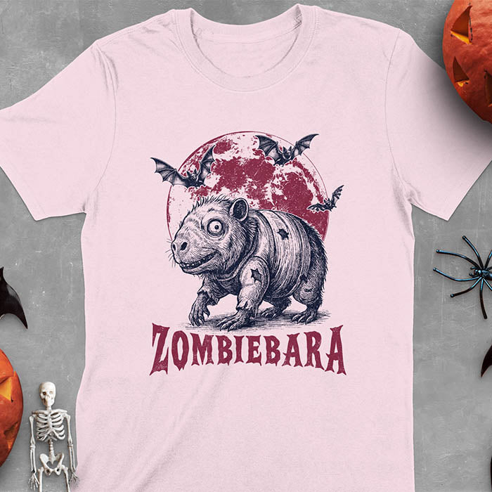 Light Pink t-shirt Halloween zombie capybara featuring ZOMBIEBARA design with blood moon and bats