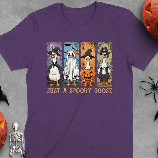 Purple Halloween Just a Spooky Goose t-shirt featuring ghost, pumpkin, witch, and pirate goose designs
