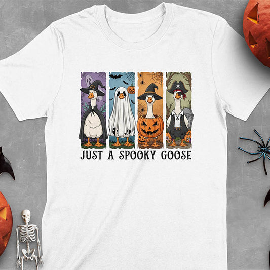 White Halloween Just a Spooky Goose t-shirt featuring ghost, pumpkin, witch, and pirate goose designs