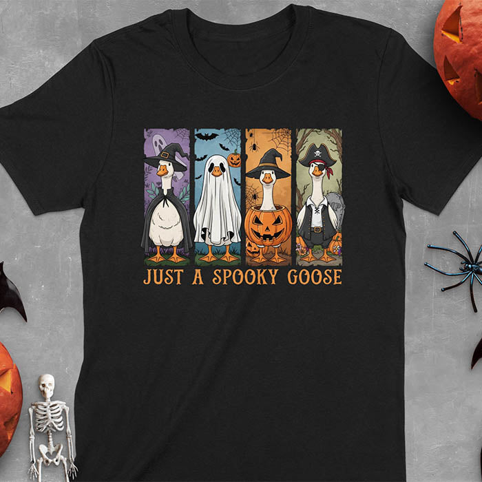 Black Halloween Just a Spooky Goose t-shirt featuring ghost, pumpkin, witch, and pirate goose designs