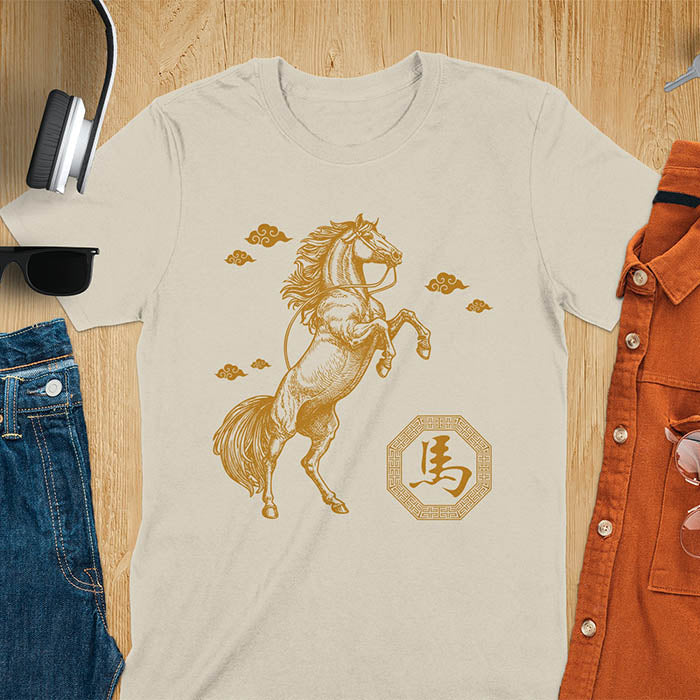 Chinese New Year t-shirt with golden rearing horse, traditional clouds, and Chinese character for horse in octagon - sand color
