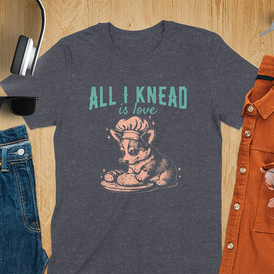 Dark heather t-shirt with a Funny corgi baker shirt design for dog lovers and baking enthusiasts