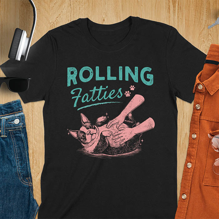 Black tee with vintage "Rolling Fatties" text and Boston Terrier rolling on back getting belly rubs graphicket.