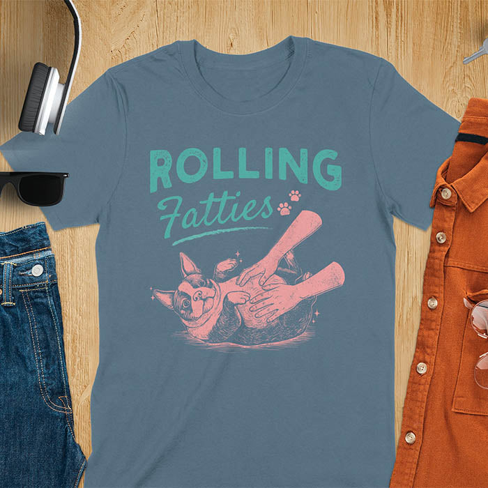 Indigo Blue tee with vintage "Rolling Fatties" text and Boston Terrier rolling on back getting belly rubs graphic