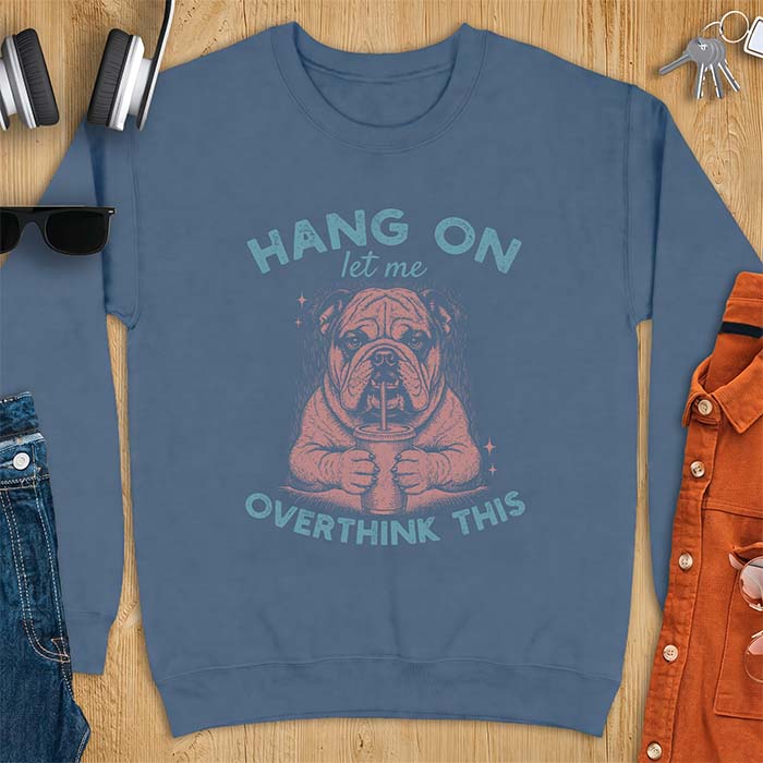 Indigo Blue sweatshirt with a graphic of an English Bulldog holding an iced coffee with a straw, with the text Hang On Let Me Overthink This