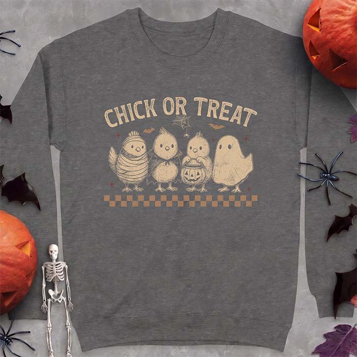 Dark Heather sweatshirt with a Halloween graphic of four baby chicks dressed as a mummy, a vampire, a pumpkin bucket trick-or-treater and a ghost, with the text Chick Or Treat