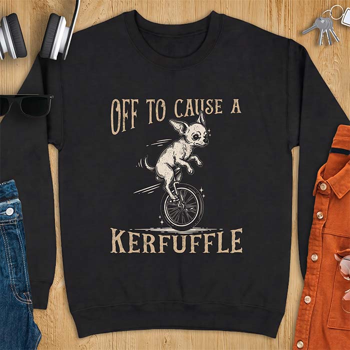 Black sweatshirt with a graphic of a chihuahua riding a unicycle with motion lines behind it and the text Off To Cause A Kerfuffle