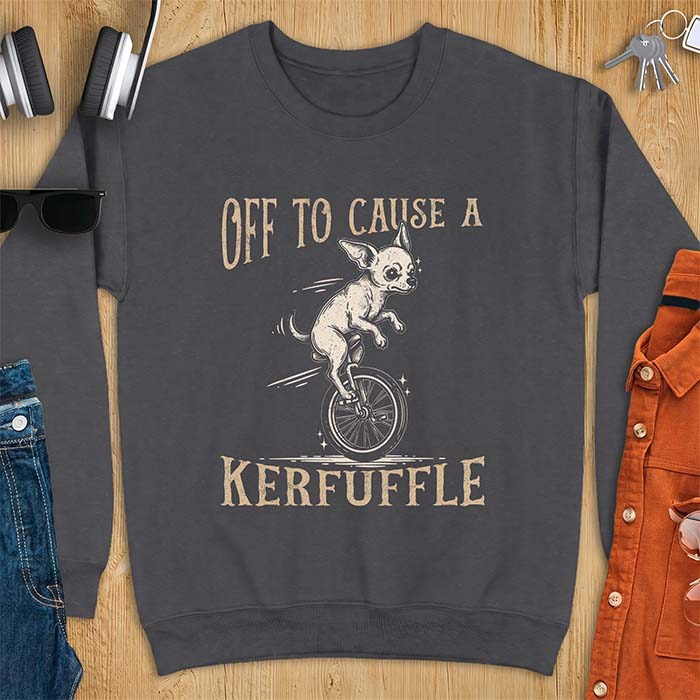 Dark Heather sweatshirt with a graphic of a chihuahua riding a unicycle with motion lines behind it and the text Off To Cause A Kerfuffle