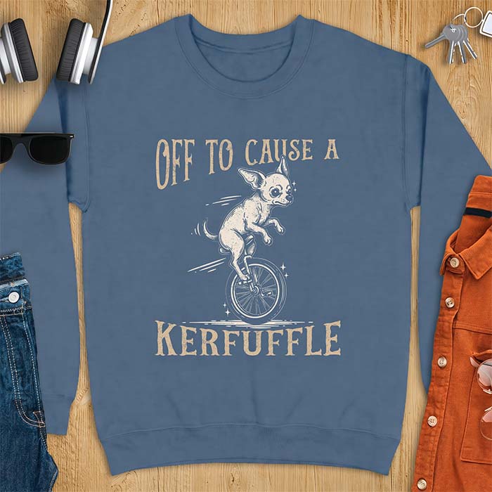 Indigo Blue sweatshirt with a graphic of a chihuahua riding a unicycle with motion lines behind it and the text Off To Cause A Kerfuffle