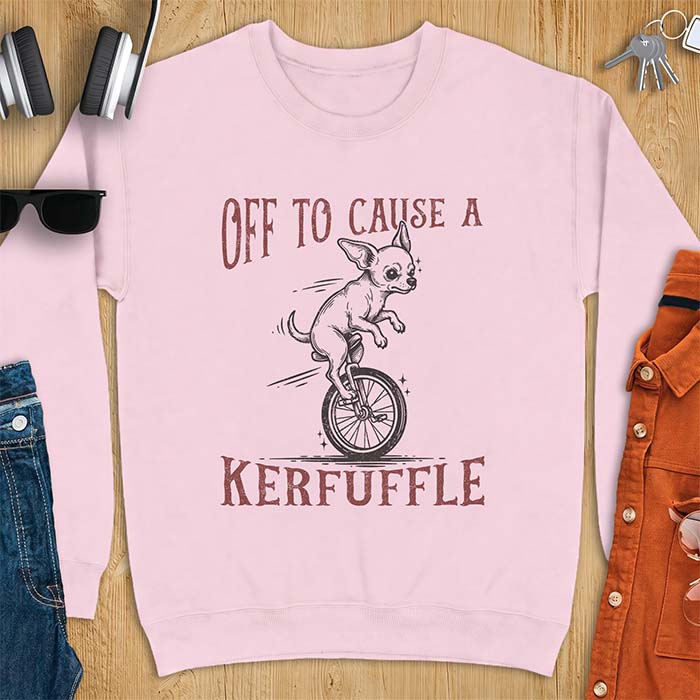 Light Pink sweatshirt with a graphic of a chihuahua riding a unicycle with motion lines behind it and the text Off To Cause A Kerfuffle