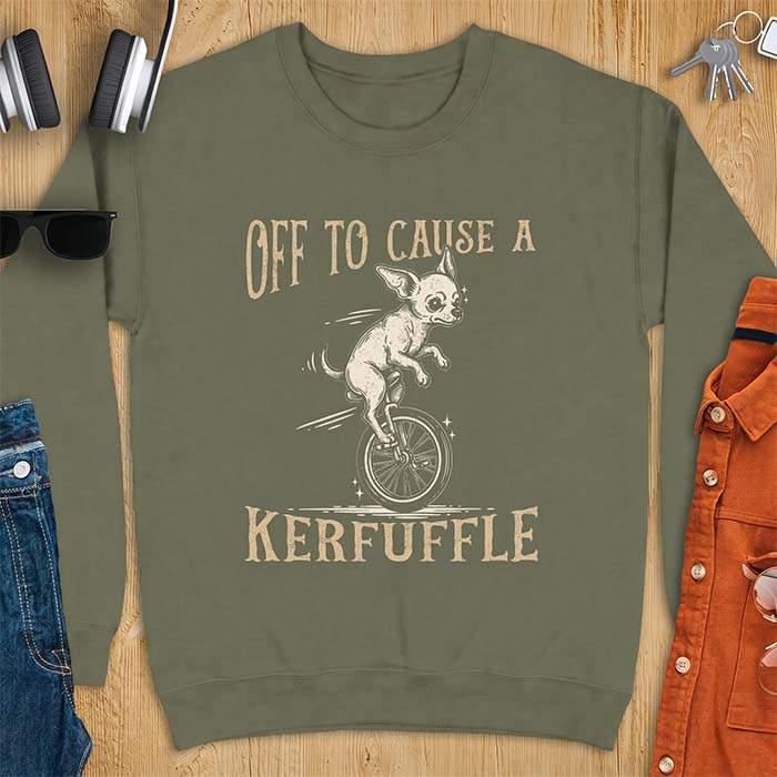 Military Green sweatshirt with a graphic of a chihuahua riding a unicycle with motion lines behind it and the text Off To Cause A Kerfuffle