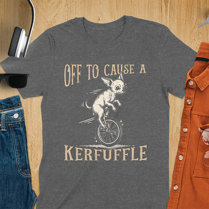 Dark heather t-shirt with Chihuahua on unicycle graphic featuring 'Off To Cause A Kerfuffle' text - playful dog meme design