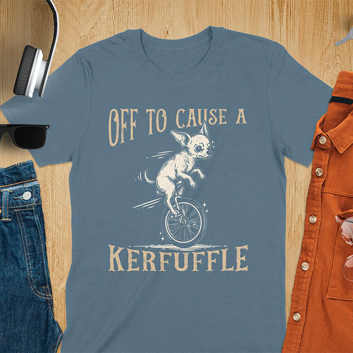 Indigo blue t-shirt with Chihuahua on unicycle graphic featuring 'Off To Cause A Kerfuffle' text - playful dog meme design
