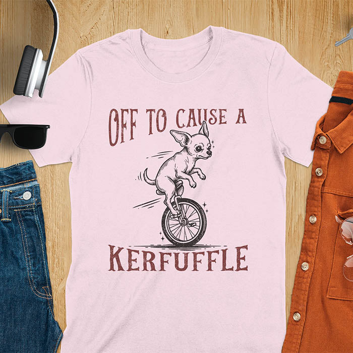 Light pink t-shirt with Chihuahua on unicycle graphic featuring 'Off To Cause A Kerfuffle' text - playful dog meme design