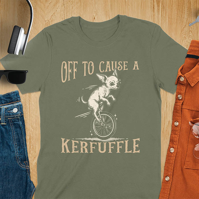 Military Green t-shirt with Chihuahua on unicycle graphic featuring 'Off To Cause A Kerfuffle' text - playful dog meme design