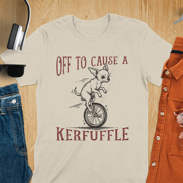 Sand color t-shirt with Chihuahua on unicycle graphic featuring 'Off To Cause A Kerfuffle' text - playful dog meme design