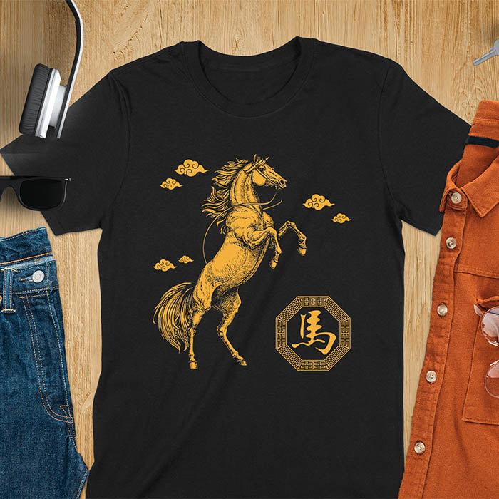 Chinese New Year t-shirt with golden rearing horse, traditional clouds, and Chinese character for horse in octagon - black