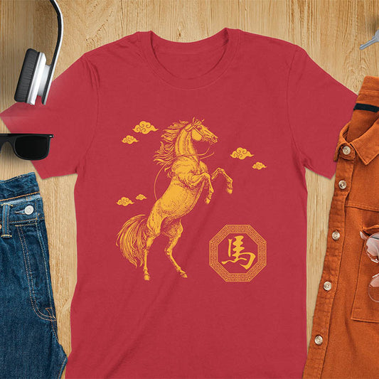 Chinese New Year t-shirt with golden rearing horse, traditional clouds, and Chinese character for horse in octagon - cherry red 