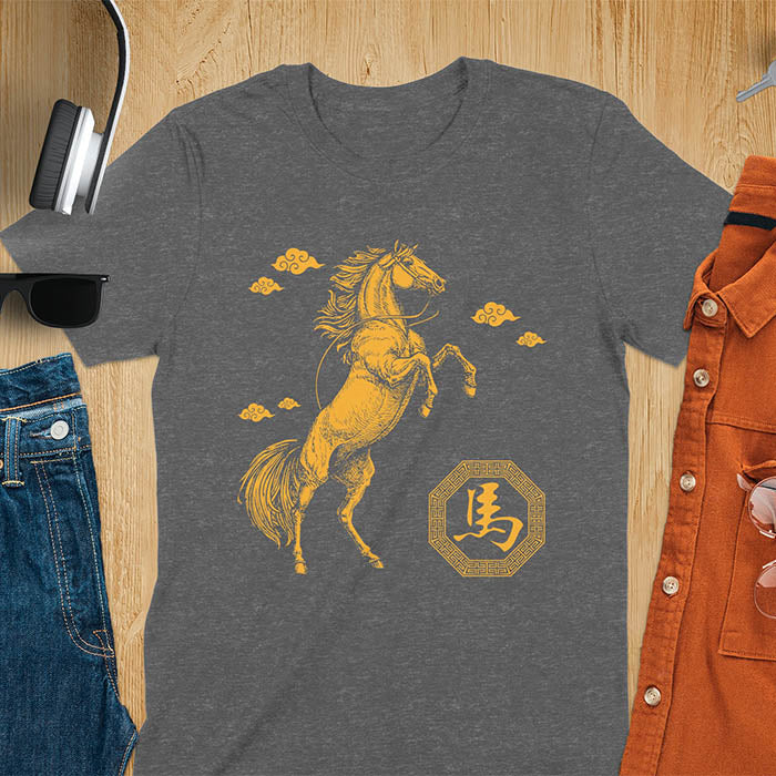 Chinese New Year t-shirt with golden rearing horse, traditional clouds, and Chinese character for horse in octagon - dark heather