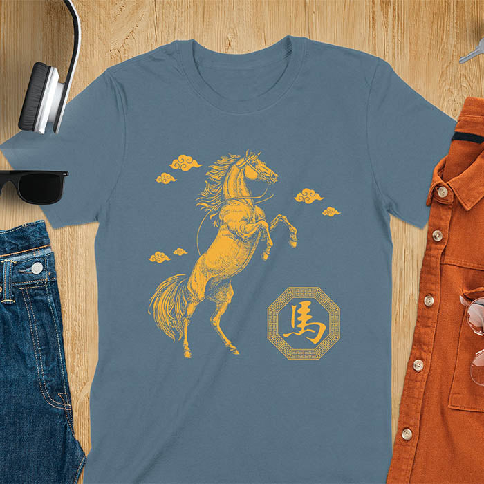 Chinese New Year t-shirt with golden rearing horse, traditional clouds, and Chinese character for horse in octagon - indigo blue
