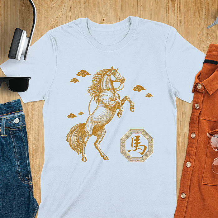 Chinese New Year t-shirt with golden rearing horse, traditional clouds, and Chinese character for horse in octagon - light blue