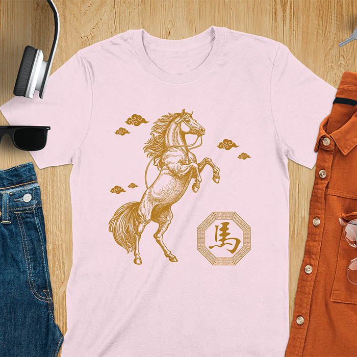 Chinese New Year t-shirt with golden rearing horse, traditional clouds, and Chinese character for horse in octagon - light pink