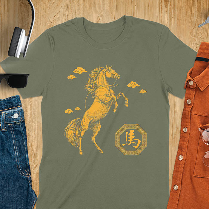 Chinese New Year t-shirt with golden rearing horse, traditional clouds, and Chinese character for horse in octagon - military green 