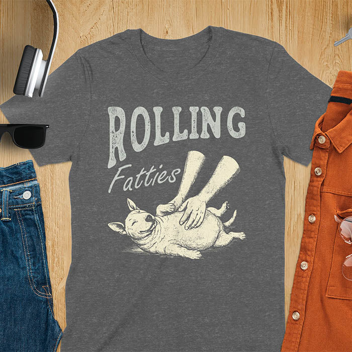 Dark heather t-shirt with chubby Bull Terrier belly rub graphic featuring 'Rolling Fatties' text, funny dog meme design