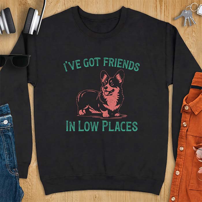 Black sweatshirt with a vintage Corgi illustration standing and facing forward, with distressed teal text arched above reading "I'VE GOT FRIENDS" and below reading "IN LOW PLACES.