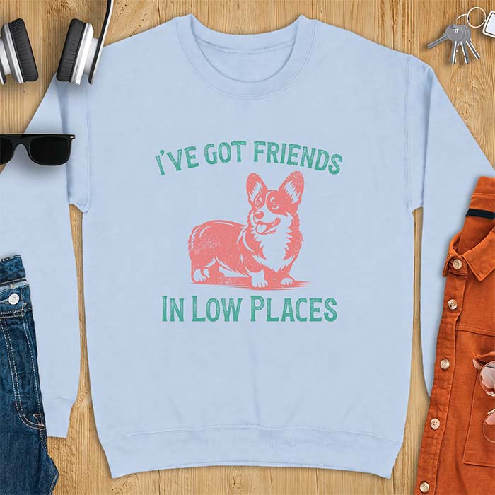 Light blue sweatshirt with a vintage Corgi illustration standing and facing forward, with distressed teal text arched above reading "I'VE GOT FRIENDS" and below reading "IN LOW PLACES."