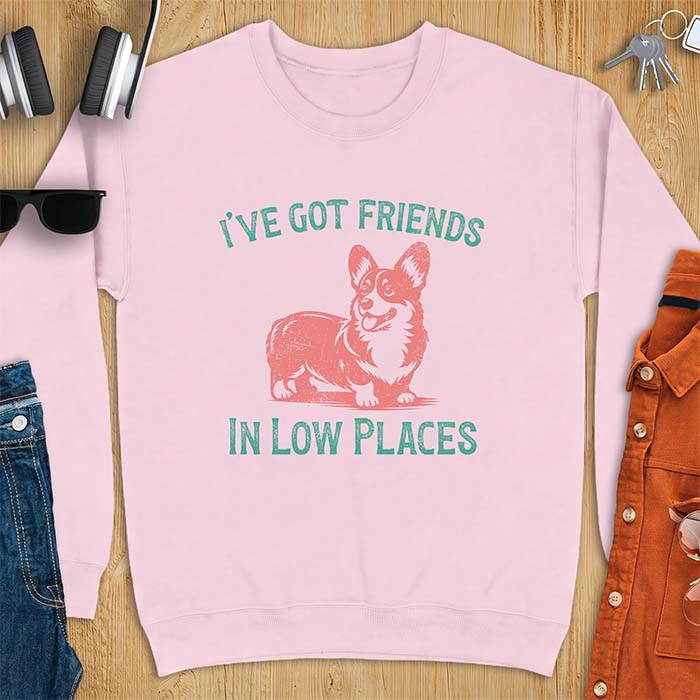 Light pink sweatshirt with a vintage Corgi illustration standing and facing forward, with distressed teal text arched above reading "I'VE GOT FRIENDS" and below reading "IN LOW PLACES.