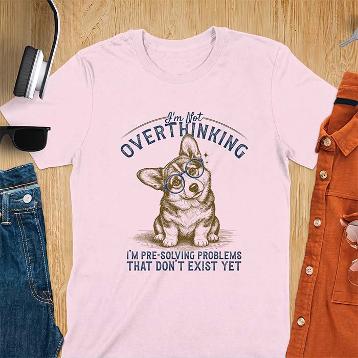 Light Pink t-shirt with a vintage-style illustration of a corgi wearing round glasses, and the text I'm Not Overthinking, I'm Pre-Solving Problems That Do Not Exist Yet.