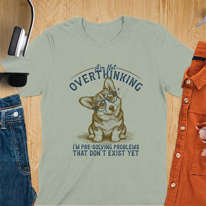 Sage t-shirt with a vintage-style illustration of a corgi wearing round glasses, and the text I'm Not Overthinking, I'm Pre-Solving Problems That Do Not Exist Yet.
