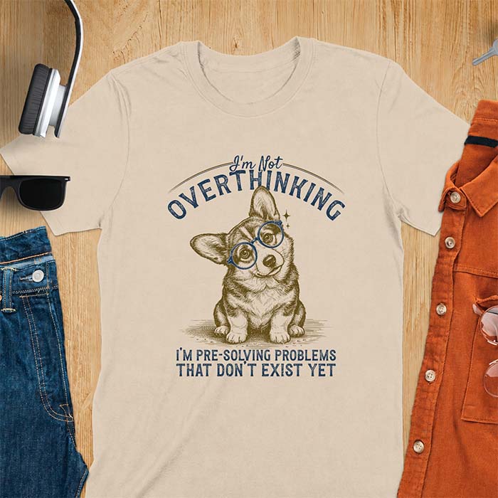 Sand t-shirt with a vintage-style illustration of a corgi wearing round glasses, and the text I'm Not Overthinking, I'm Pre-Solving Problems That Do Not Exist Yet.