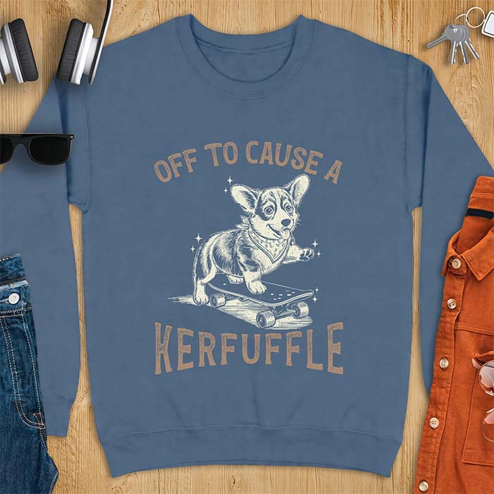 Indigo Blue sweatshirt with a graphic of a Corgi in a bandana standing on a skateboard with one paw raised and tongue out, sparkles around it, with the text Off To Cause A Kerfuffle.