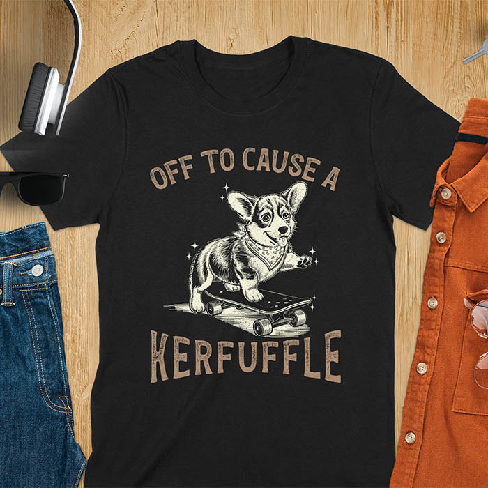 Black t-shirt with Off To Cause A Kerfuffle text and cute corgi puppy attempting skateboarding illustration